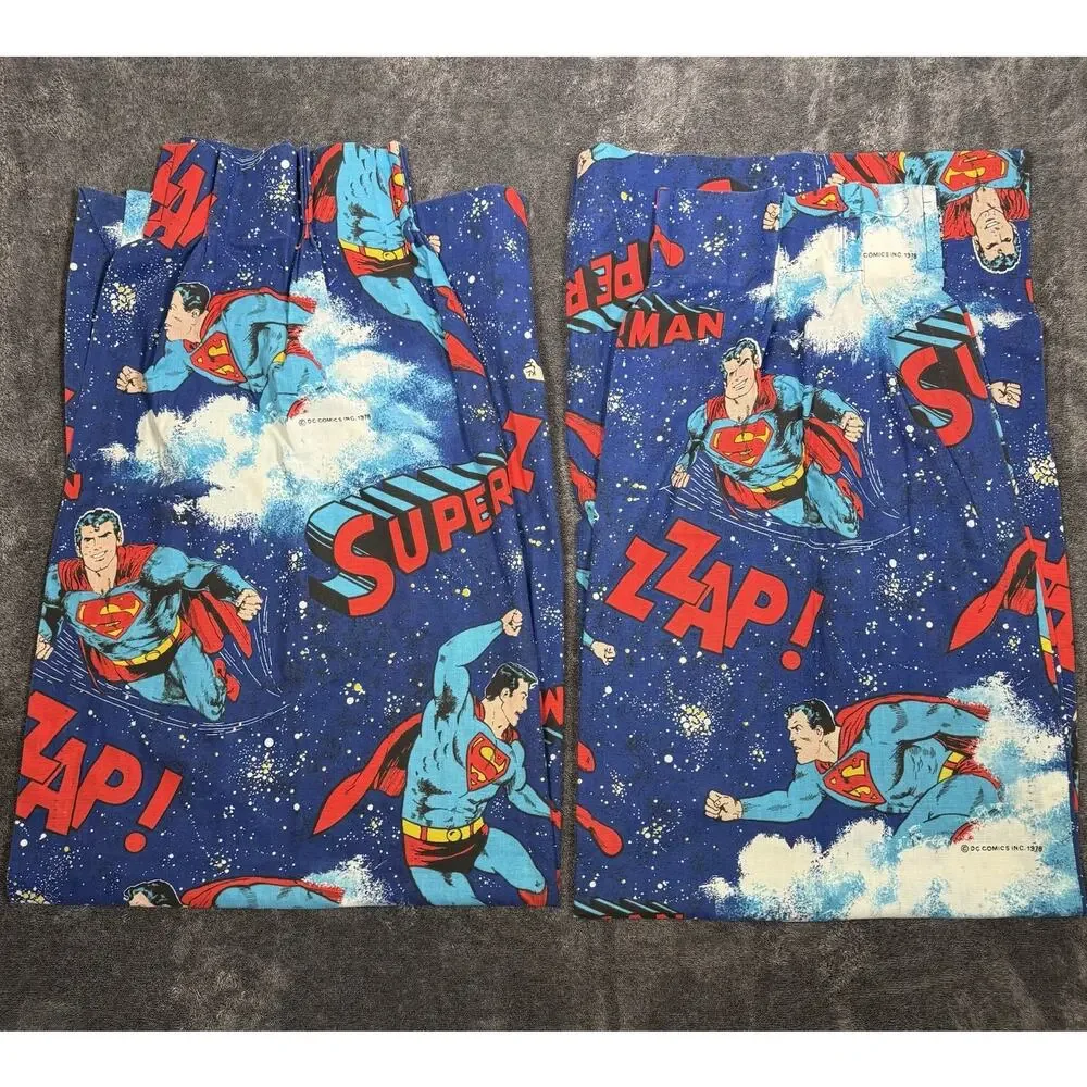Superman Curtains Pair Vintage DC Comics Lined Navy Red 54x68 Each